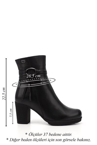 Womens Black Zippered Thick Heel Genuine Leather Boots