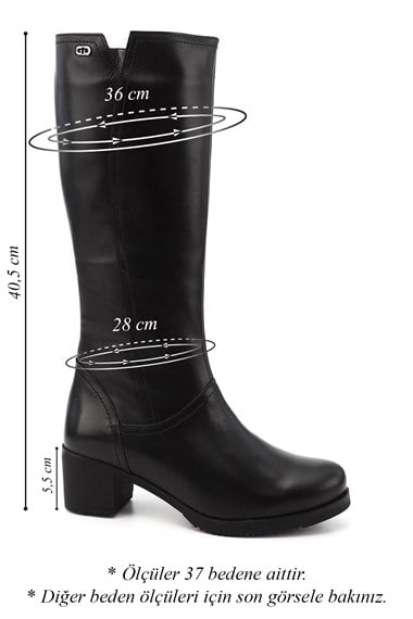 Womens Black Zippered Thick Heel Genuine Leather Boots