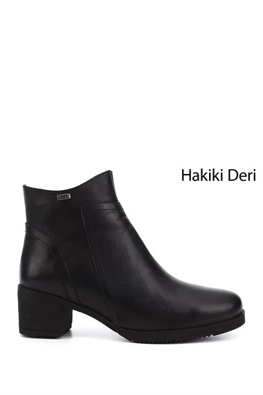 Womens Black Zippered Thick Heel Genuine Leather Boots