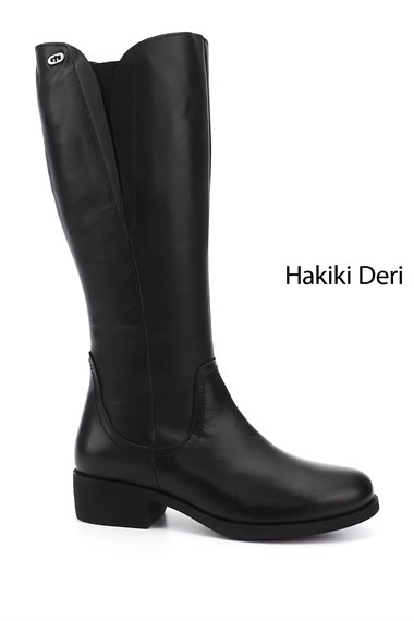 Womens Black Zippered Thick Heel Genuine Leather Boots