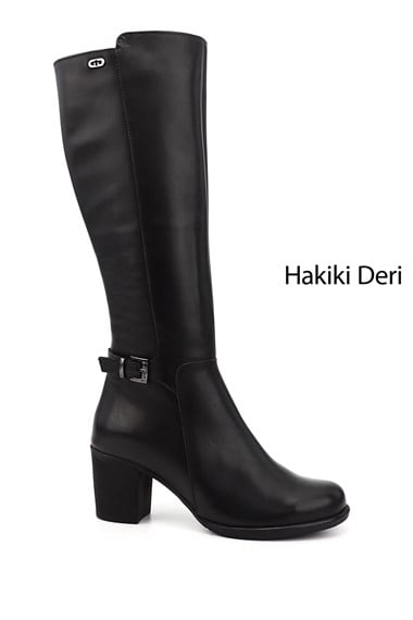 Kadın Siyah Fermuarlı Kalın Topuklu Hakiki Deri Çizme