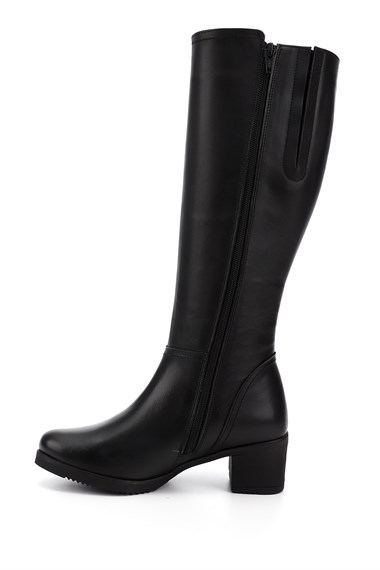 Womens Black Zippered Thick Heel Genuine Leather Boots