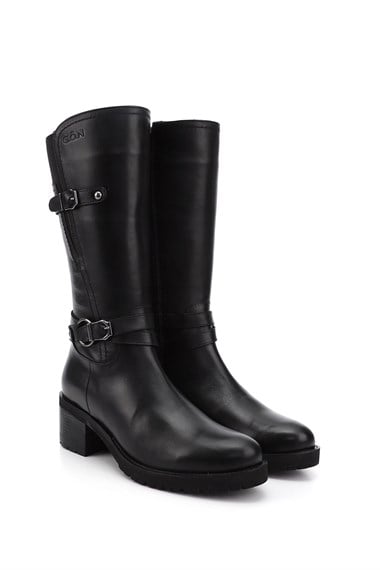 Kadın Siyah Fermuarlı Kalın Topuklu Hakiki Deri Çizme