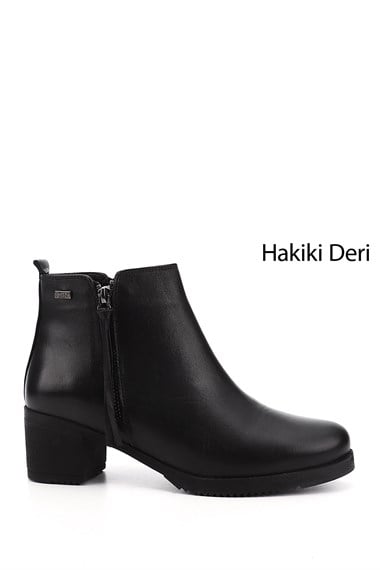 Kadın Siyah Fermuarlı Kalın Topuklu Hakiki Deri Bot