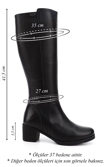 Womens Black Zippered Thick Heel Genuine Leather Boots