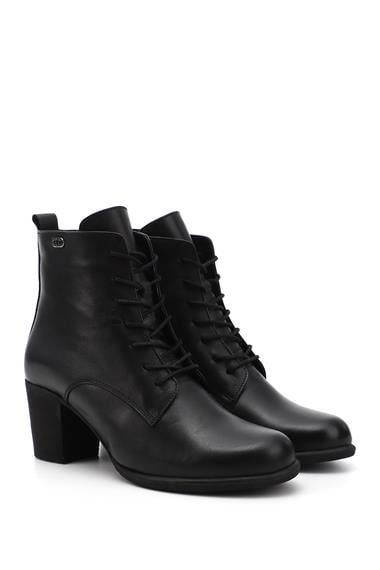 Womens Black Zippered Thick Heel Genuine Leather Combat Boots