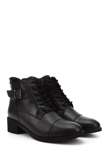 Womens Black Zippered Thick Heel Genuine Leather Combat Boots