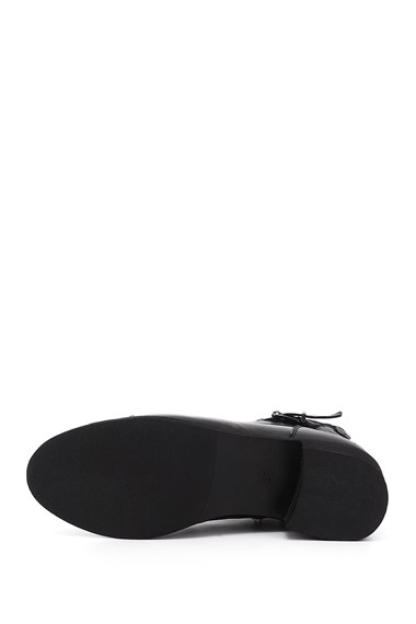 Womens Black Zippered Thick Heel Genuine Leather Combat Boots