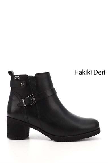 Kadın Siyah Fermuarlı Kalın Topuklu Hakiki Deri Bot