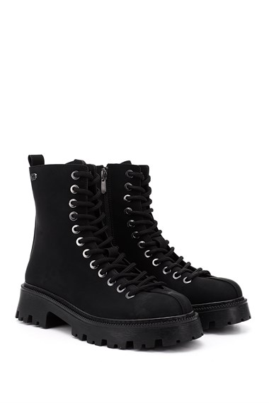 Womens Black Zip-Up Chunky Heel Combat Boots