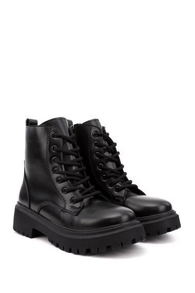 Womens Black Zippered Thick Heeled Combat Boots