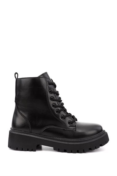 Womens Black Zippered Thick Heeled Combat Boots