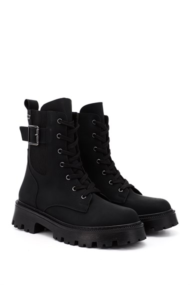 Womens Black Zip-Up Chunky Heel Combat Boots