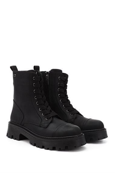 Womens Black Zip-Up Chunky Heel Combat Boots