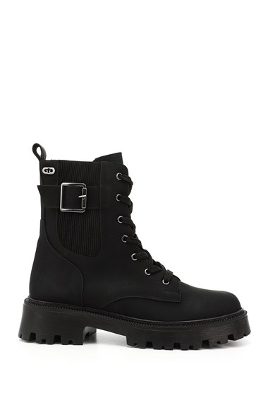 Womens Black Zip-Up Chunky Heel Combat Boots