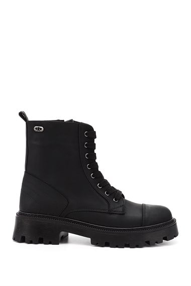 Womens Black Zip-Up Chunky Heel Combat Boots