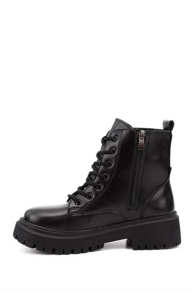 Womens Black Zippered Thick Heeled Combat Boots