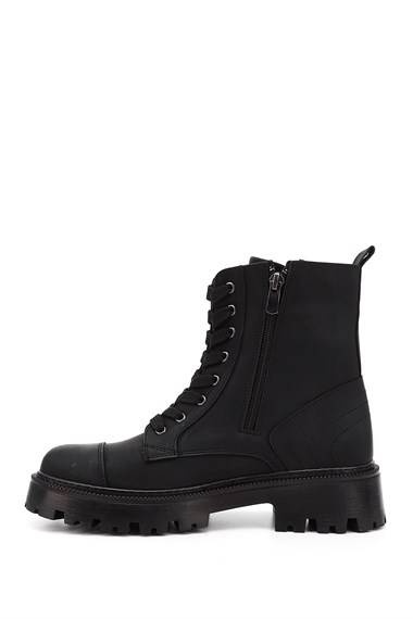 Womens Black Zip-Up Chunky Heel Combat Boots