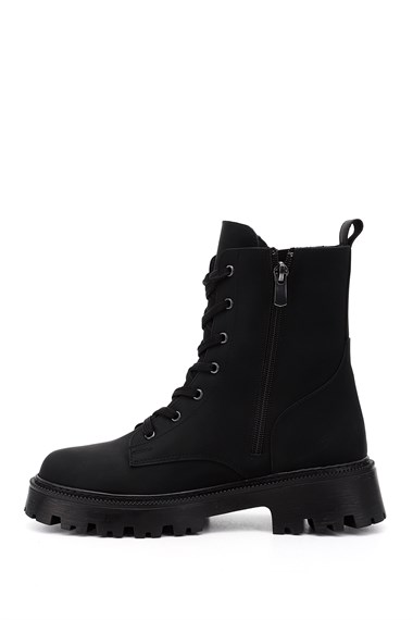 Womens Black Zip-Up Chunky Heel Combat Boots