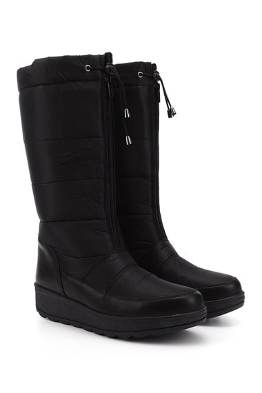 Kadın Siyah Fermuarlı Kauçuk Taban Comfort Kar Botu