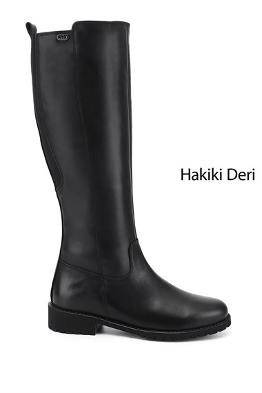 Kadın Siyah Fermuarlı Kauçuk Taban Hakiki Deri Çizme