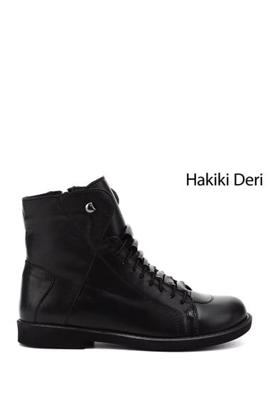 Kadın Siyah Fermuarlı Kauçuk Taban Hakiki Deri Bot