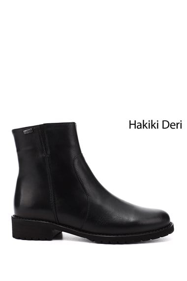 Kadın Siyah Fermuarlı Kauçuk Taban Hakiki Deri Bot