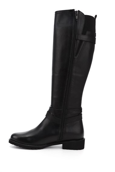Womens Black Zippered Rubber Sole Genuine Leather Boots