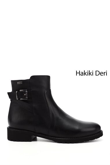 Kadın Siyah Fermuarlı Kauçuk Taban Hakiki Deri Bot
