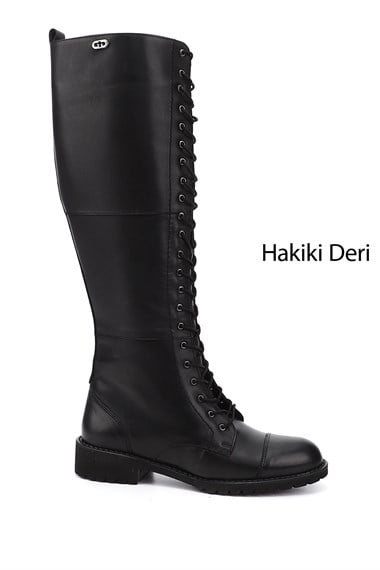 Kadın Siyah Fermuarlı Kauçuk Taban Hakiki Deri Postal Çizme