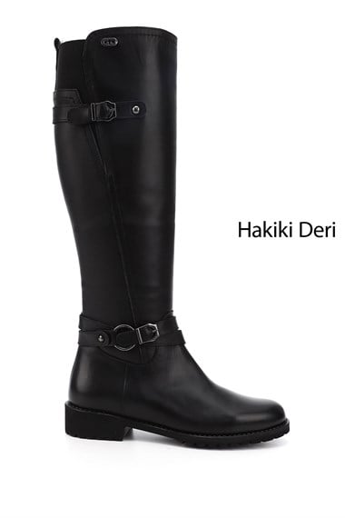 Womens Black Zippered Rubber Sole Genuine Leather Boots
