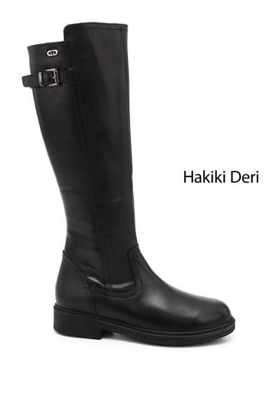 Kadın Siyah Fermuarlı Kauçuk Taban Hakiki Deri Çizme