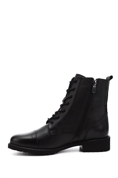 Womens Black Zippered Rubber Sole Genuine Leather Combat Boots