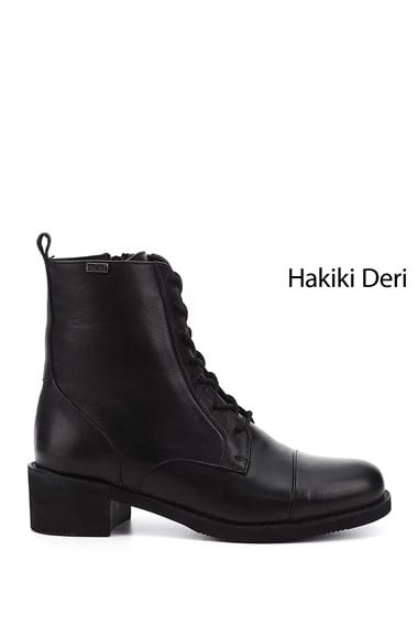 Kadın Siyah Fermuarlı Kauçuk Taban Hakiki Deri Postal Bot