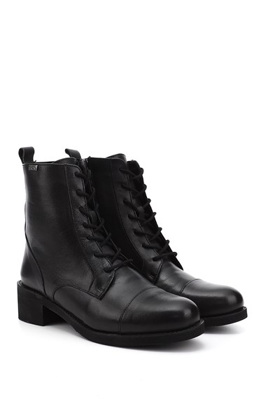 Womens Black Zippered Rubber Sole Genuine Leather Combat Boots