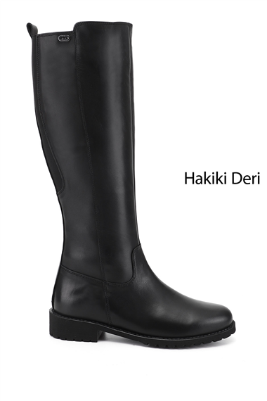 Kadın Siyah Fermuarlı Kauçuk Taban Hakiki Deri Çizme