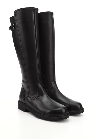 Kadın Siyah Fermuarlı Kauçuk Taban Hakiki Deri Çizme