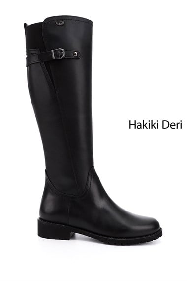 Kadın Siyah Fermuarlı Kauçuk Taban Hakiki Deri Çizme