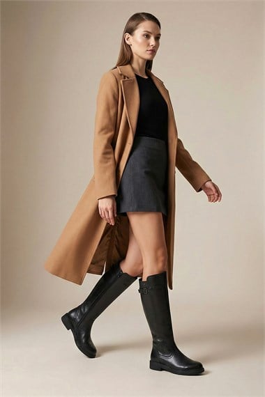 Womens Black Zippered Rubber Sole Genuine Leather Boots