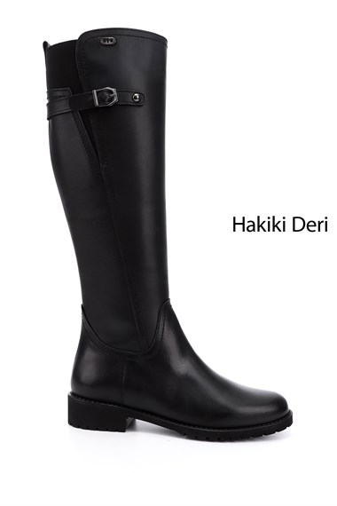 Kadın Siyah Fermuarlı Kauçuk Taban Hakiki Deri Çizme