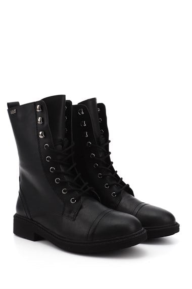 Womens Black Zippered Rubber Sole Combat Boots