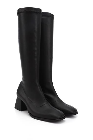 Womens Black Zippered Blunt Toe Thick Heel Stretch Boots