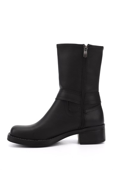 Womens Black Zippered Blunt Toe Thick Heel Biker Boots