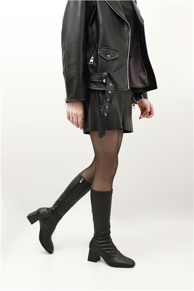 Womens Black Zippered Blunt Toe Thick Heel Stretch Boots