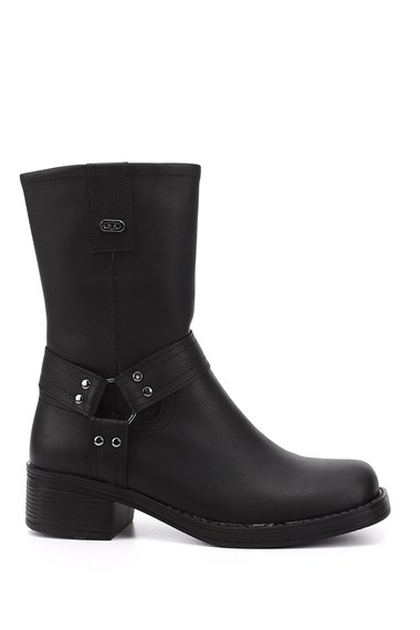Womens Black Zippered Blunt Toe Thick Heel Biker Boots