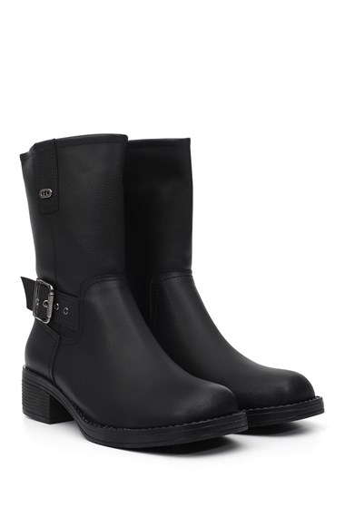 Womens Black Zippered Blunt Toe Thick Heel Biker Boots