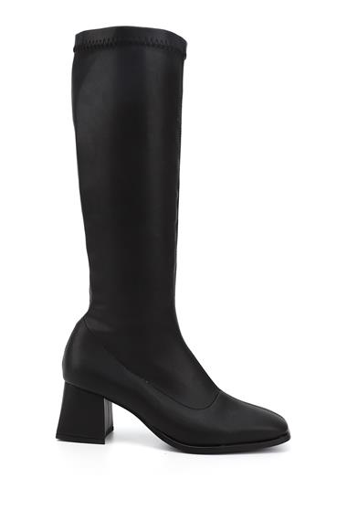 Womens Black Zippered Blunt Toe Thick Heel Stretch Boots