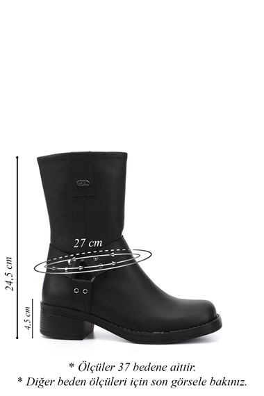 Womens Black Zippered Blunt Toe Thick Heel Biker Boots