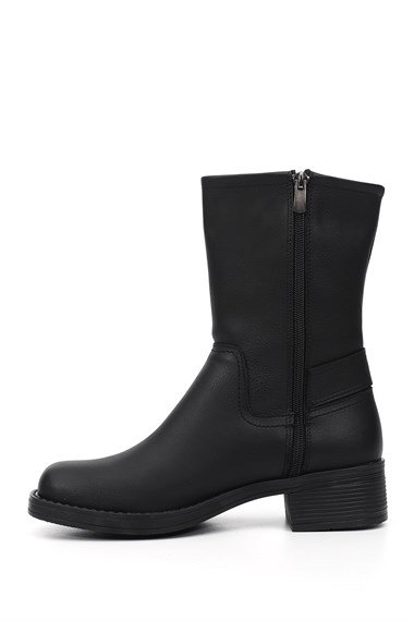Womens Black Zippered Blunt Toe Thick Heel Biker Boots