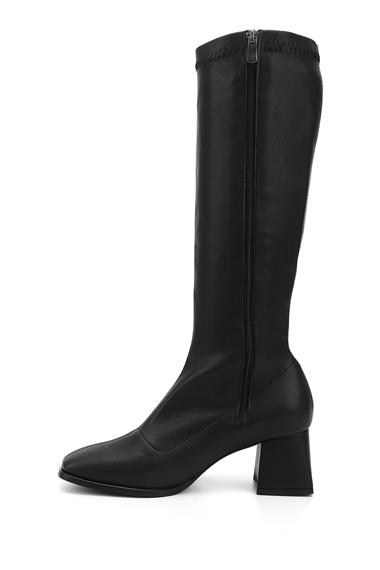 Womens Black Zippered Blunt Toe Thick Heel Stretch Boots